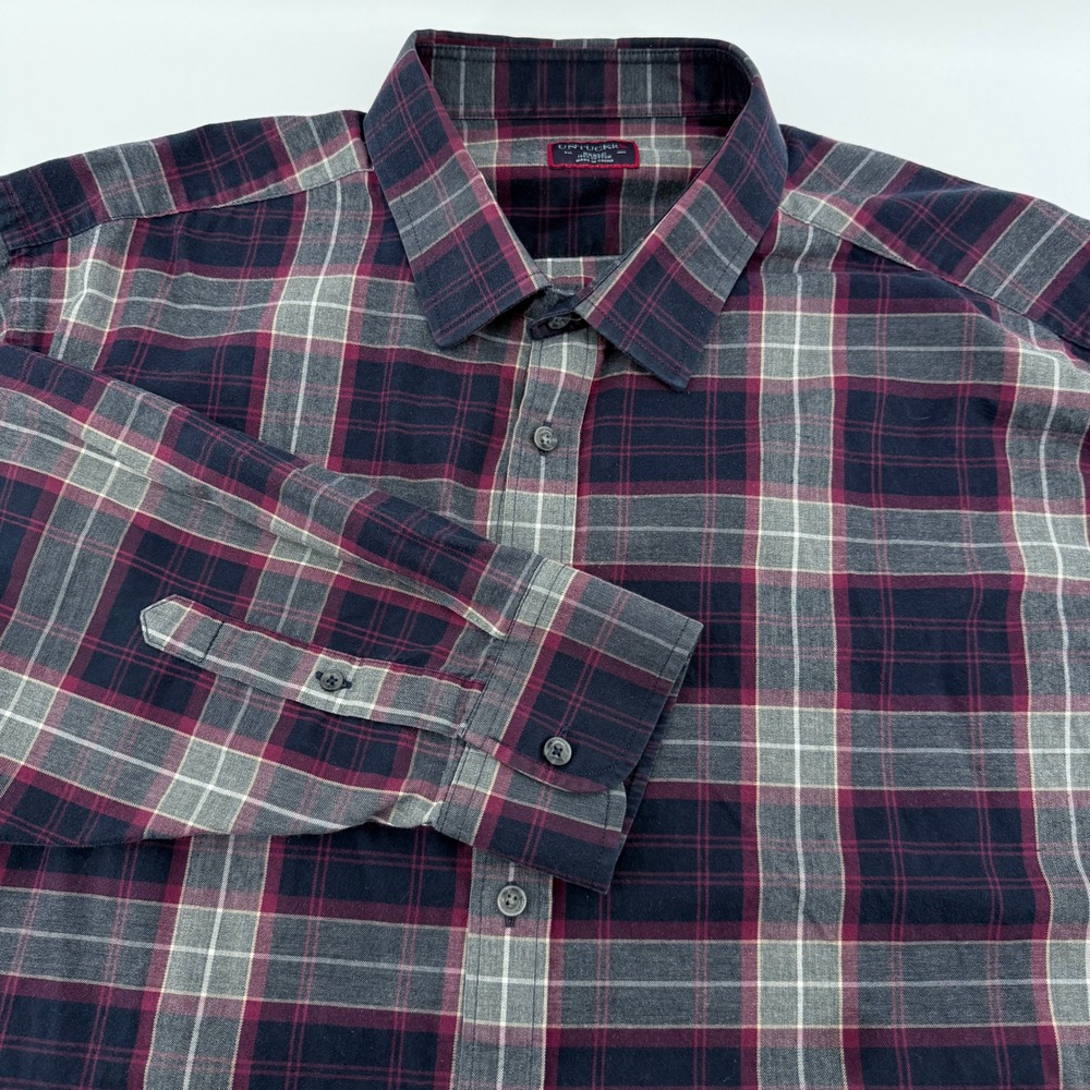 UNTUCKit Plaid Button Down Shirt Mens 3XL Burgundy Navy Blue Grey 100% Cotton